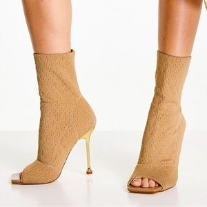 Simmi London Camel Peep Toe Stiletto Sock Boot ASOS